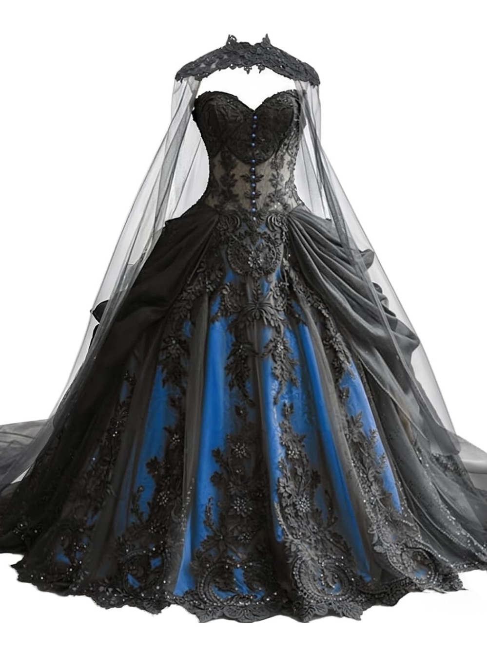Strapless Black Lace Overlay Evening Gown with Blue Underlay